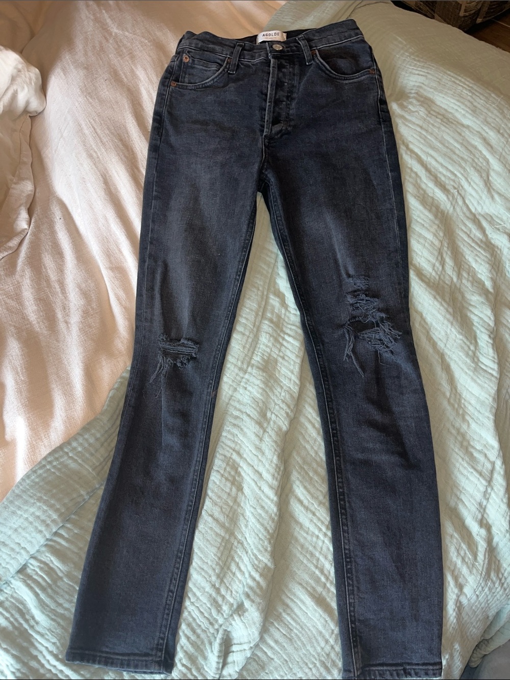 AGOLDE Nico High Rise Slim Straight Jeans Cassette Black Distressed Size 24